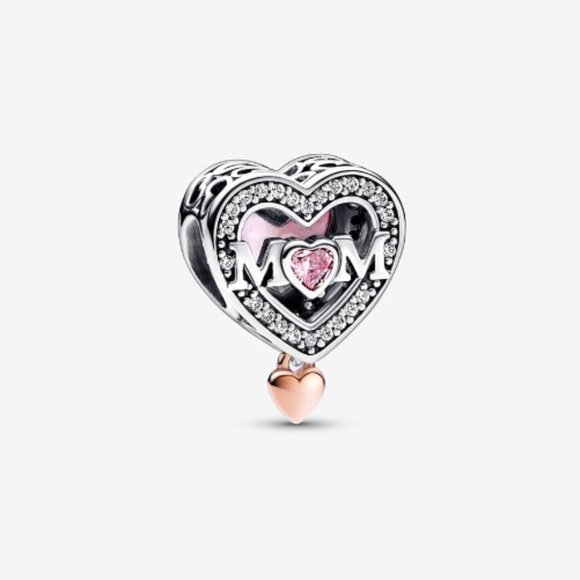 Sparkling Pink Heart Mom Bracelet Charm - S925 Sterling Silver Fits Pandora - Picture 1 of 5